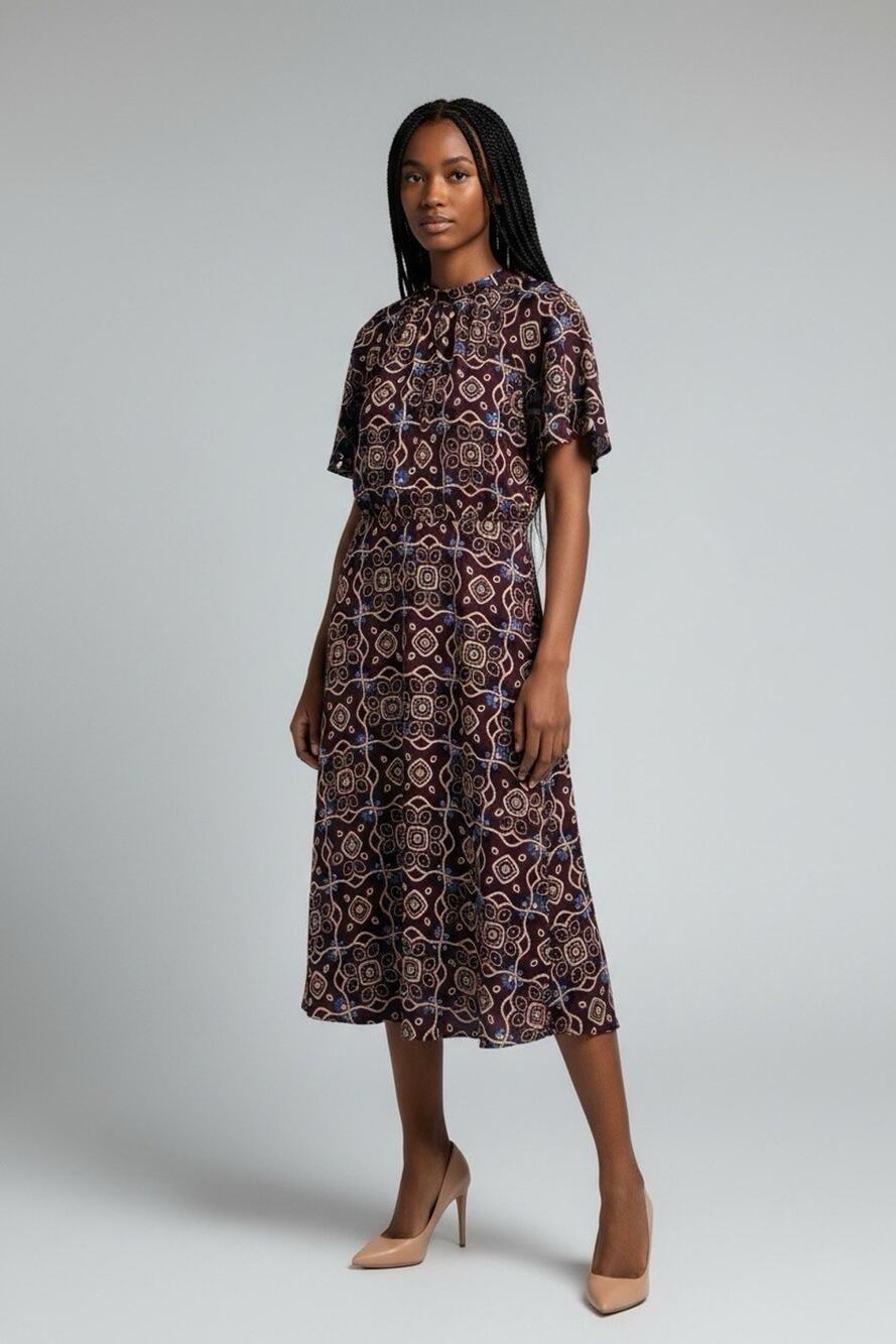 Ann Taylor Plum, Medallion, Mock Neck, Lined, Flare Dress- 4